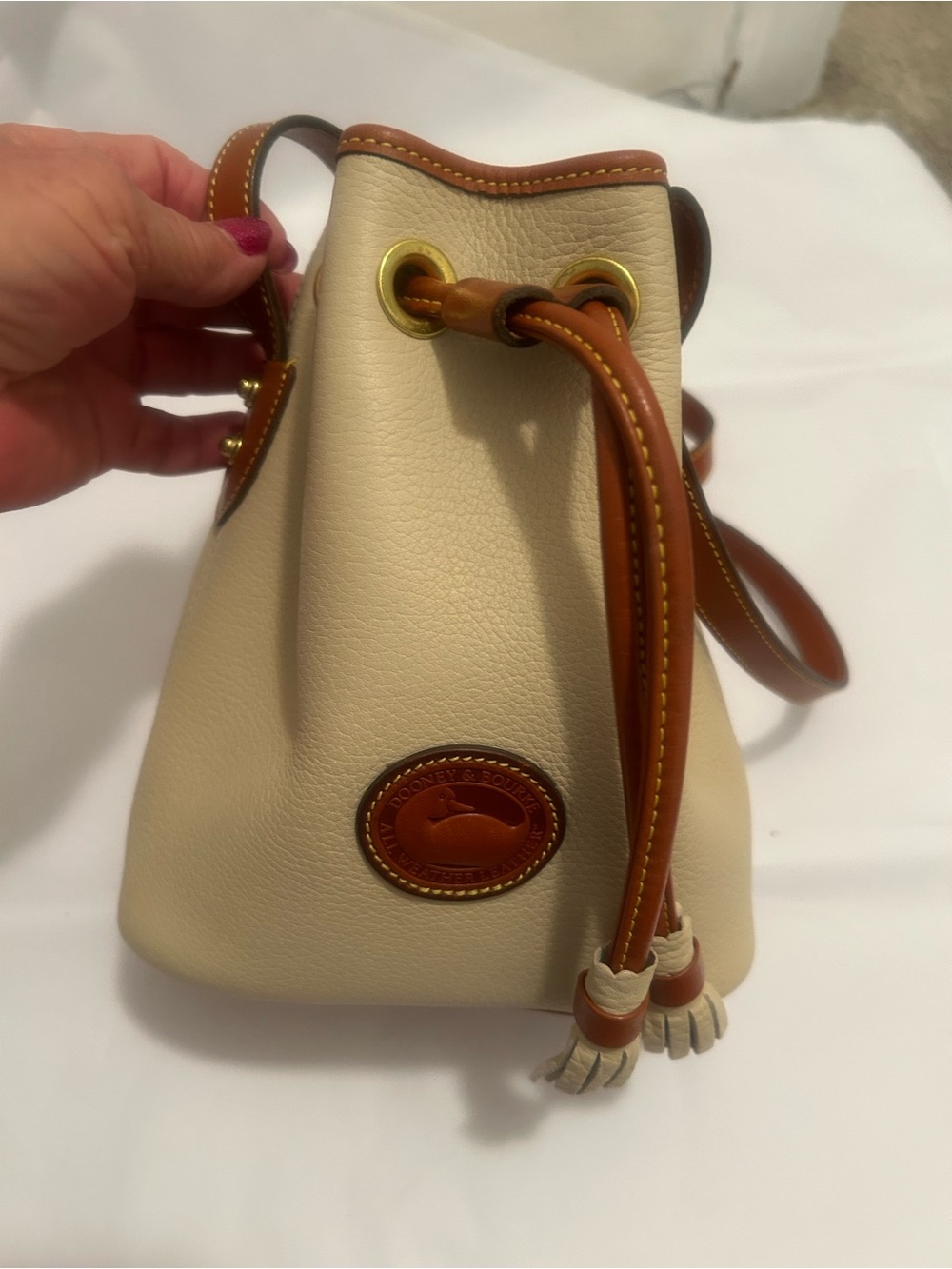Dooney & Bourke Vintage Taupe and Brown Leather Drawstring Bucket Bag, very nice